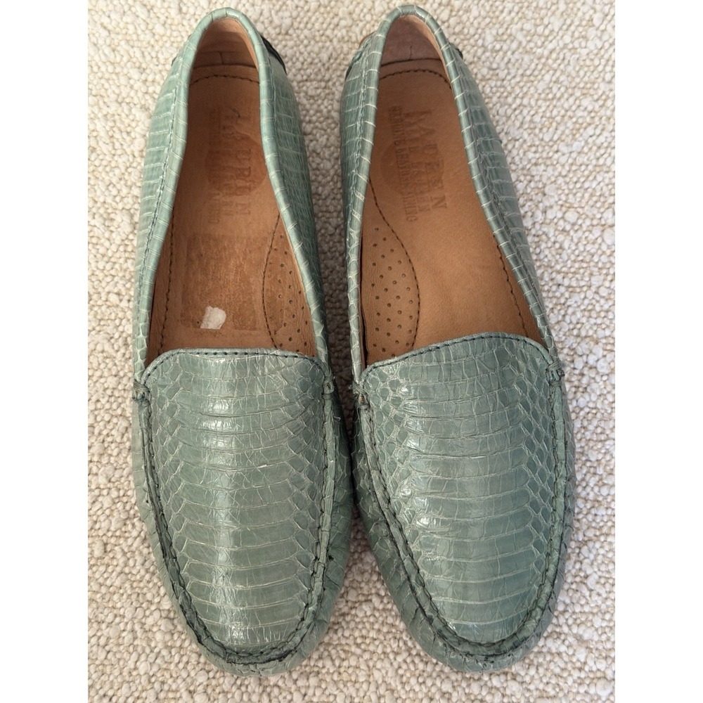 Lauren Ralph Lauren Carys Loafers Sage Green Croc Embossed Leather Flats 6B